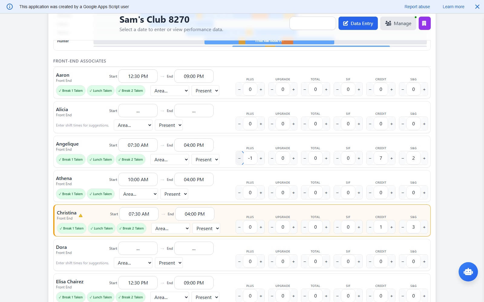 Front End associate view focused on Angelique
