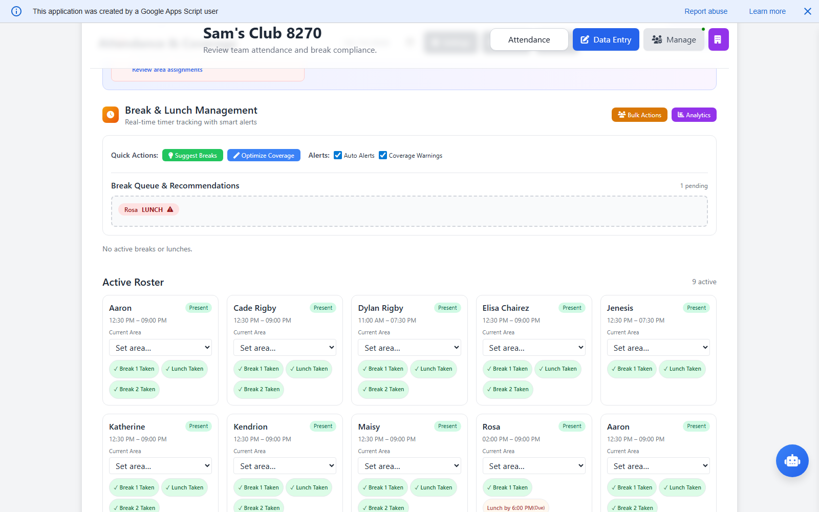 Front End attendance screen
