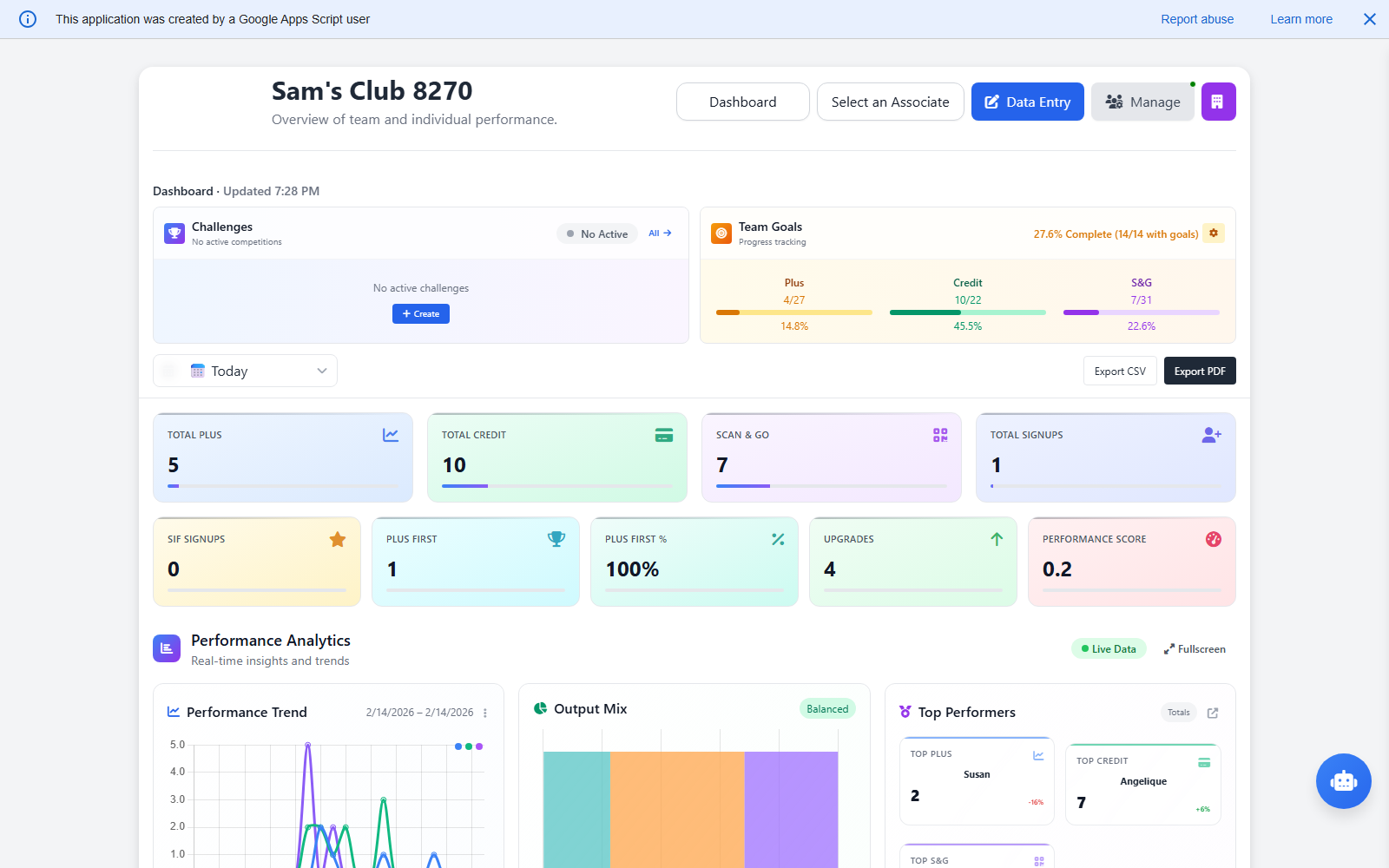Front End dashboard main view